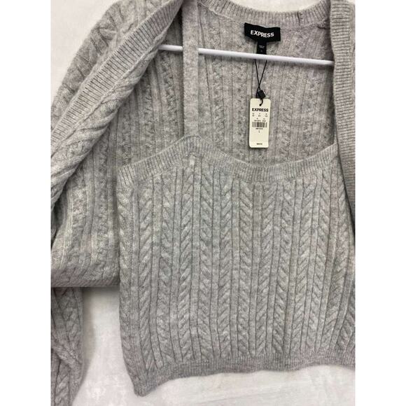 Express Gray Cable Knit Sweater Shrug 2 pc set with matching Cropped Tank Sz L - Picture 8 of 12